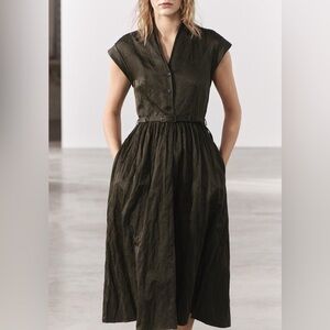 Zara ZW Collection Olive Green Belted Midi Shirt Dress